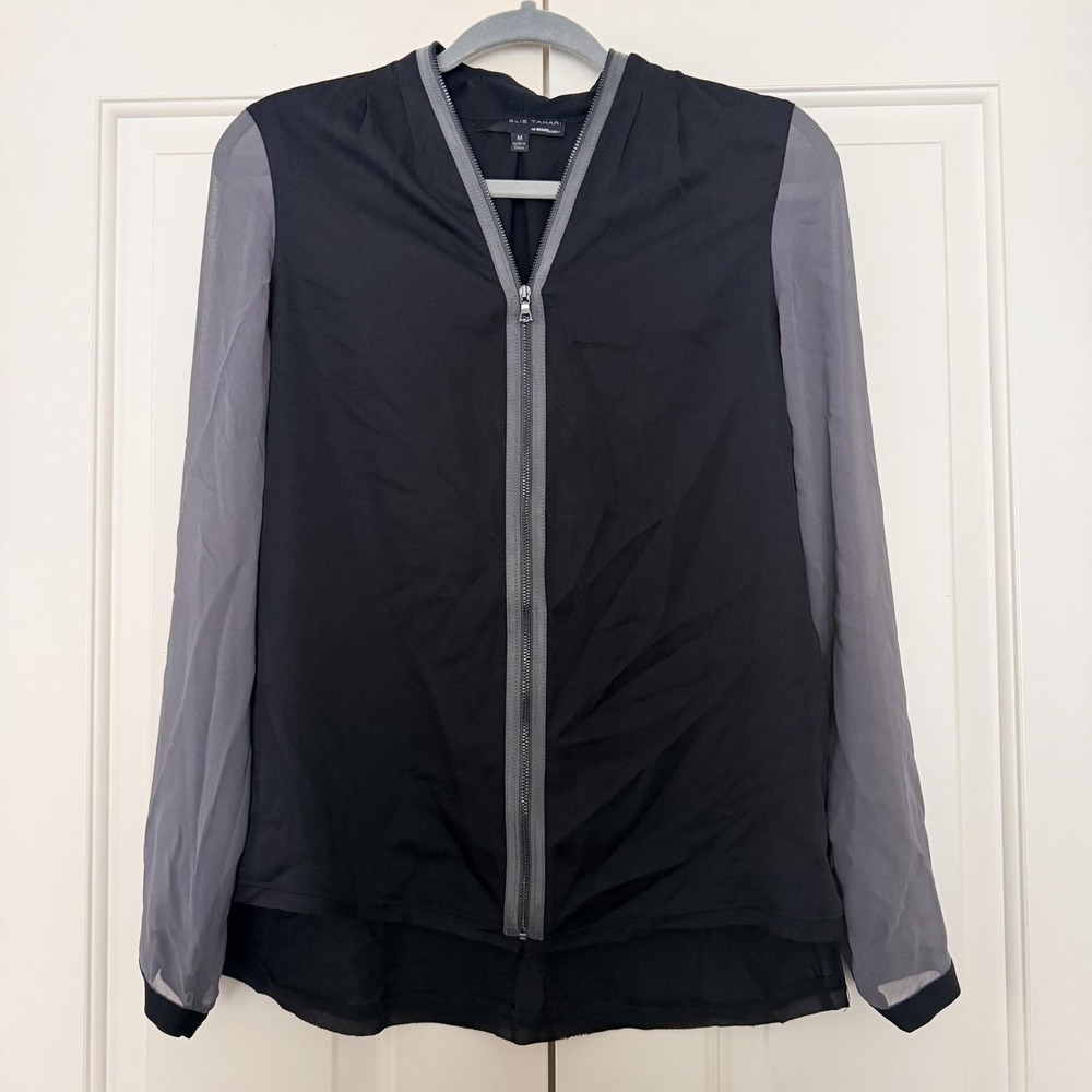 Elie Tahari Jacket Womens Medium Black Grey Sheer Chiffon Zip Front Lightweight